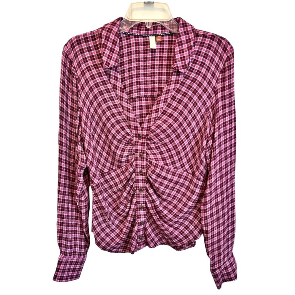 Pilcro Plaid Top Button Down Blouse M Burgundy Pink Ruched Shirt Grunge Flannel - Picture 2 of 8